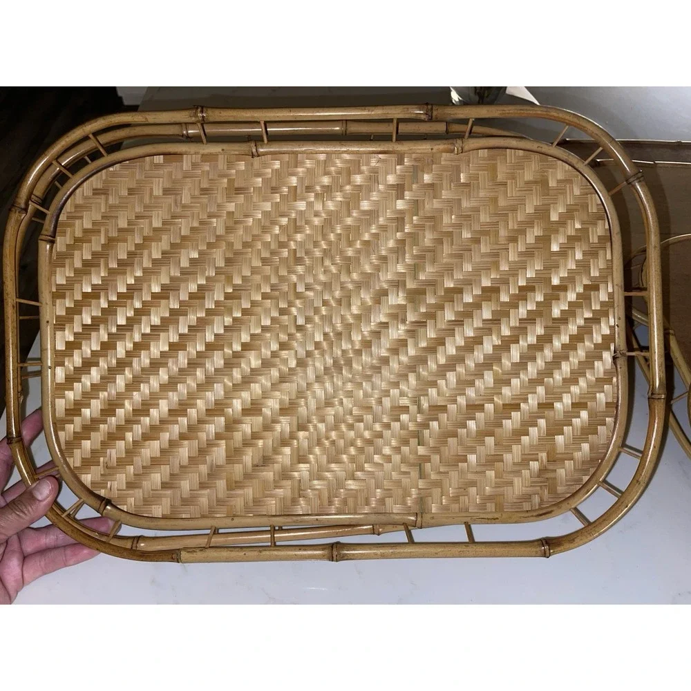 Vintage Mid Century Wicker Rattan Bamboo‎ Serving Trays Tiki Lap Stacking- 8